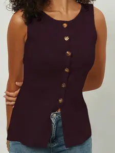 Women's  Fashion Slim Gold Button Flat Needle Sleeveless French Vest Knit Top