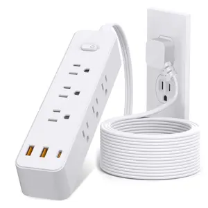 5 Ft Surge Protector Power Strip - 9 Widely Outlets with 4 USB Ports, 3 Side Outlet Extender with 5 Feet Extension Cord, Flat Plug, Wall Mount, Desk USB Charging Station, ETL,White