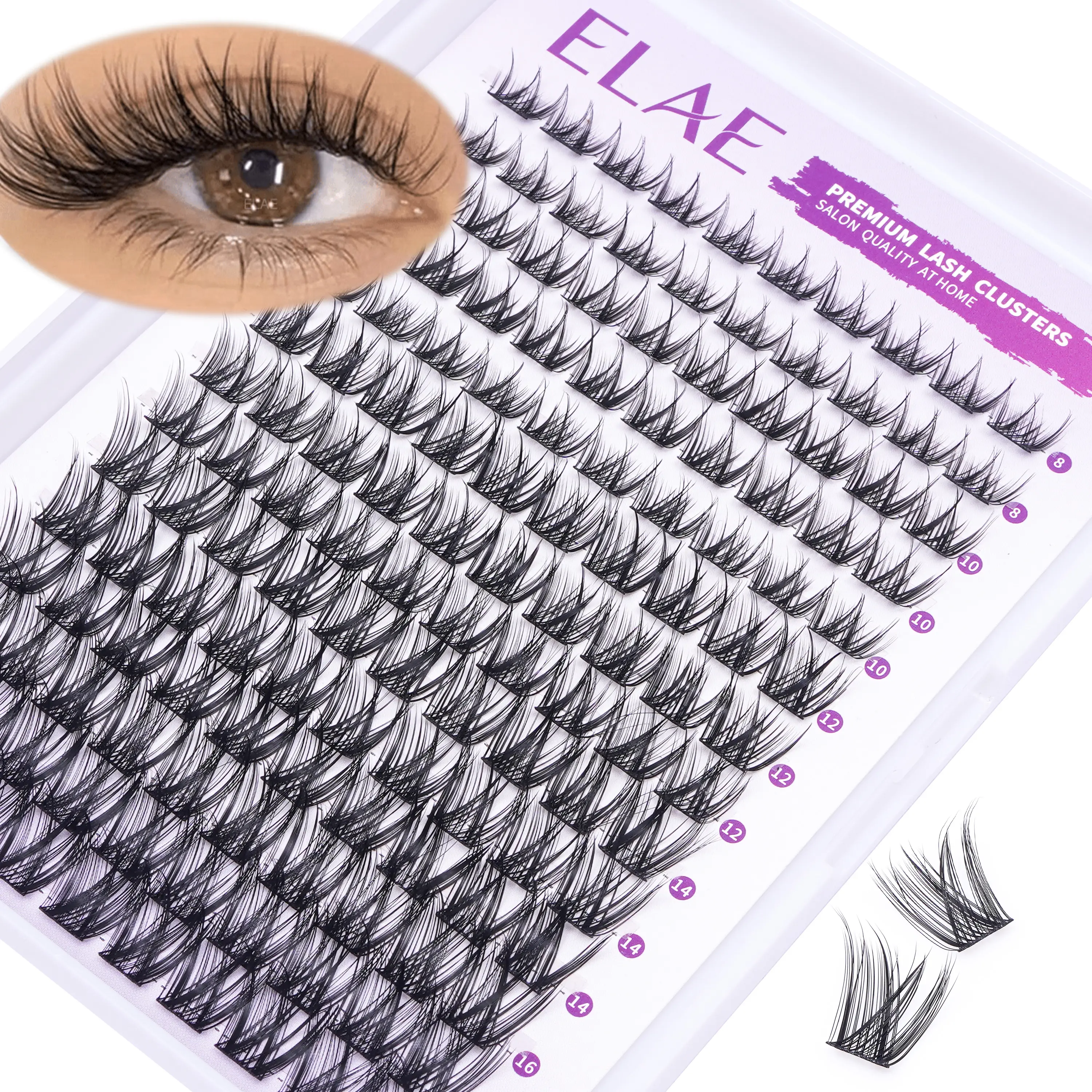 ELAE  DIY Individual Lash Clusters D Curl 8-10-12-14-16mm Gradient Length Wispy False Eyelashes Lightweight Reusable Cluster Lashes for Natural Volume Home Lash Extension Lashes, False Lashes