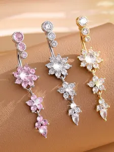Women's Floral Dangle Navel Rings - Cubic Zirconia Belly Button Piercing Jewelry Pink Silver Gold, Hypoallergenic Long Drop Belly Rings for Party & Daily Wear