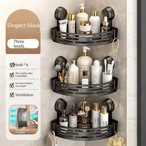 3-Pack Gun Gray Plastic Triangle Suction Cup ShowerCaddy 3-Tier Corner Shelves NoDrilling Bathroom Storage Rack 40lbs LoadCapacity with 6 Towel Bar Hooks