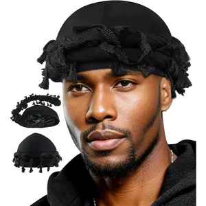 Turban for Men Women Satin Lined Durag Head Wraps Skull Cap Pre-Tied Tassels Braid Beanie Vintage Twist Bonnet