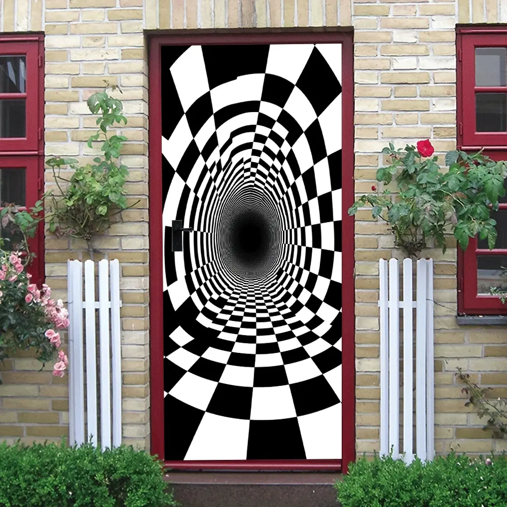 2pcs Visual Tunnel Wall Sticker with Classic Black and White Checkerboard Design Creates a Deep Spatial Sense through Visual Dislocation Suitable for Living Room Bedroom Entrance and Other Wall Decorat