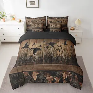 7 Piece Camo Mallard Duck Bed in A Bag,Rustic Farmhouse Cabin Comforter Set,Hunting Woodland Duck Bedding Set,Country Wood Board Animal Bed Set