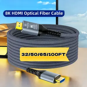 8K HDMI Fiber Optic Cable Long 2.1 32/50/65/100FT, Unidirectional Ultra 48Gbps High Speed 3D 8K60 4K120 144Hz Braided HDMI Cord eARC HDR10 HDCP 2.2&2.3 Compatible with Roku TV/PS5/HDTV/Blu-ray