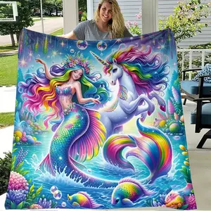 1pc Bohemian Style Mermaid & Unicorn Flannel Blanket - All-Season, Hypoallergenic, Hand-Washable, Digital Print Fleece Throw for Sofa, Bed, Travel, Camping - Soft & Warm Polyester Knitted Cover, 250-300g