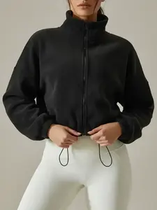 Women's Loose Fit Solid Drawstring Zip Up Crop Fleece Jacket, Casual Funnel Neck Long Sleeve Funnel Neck Outerwear for Fall & Winter, Womenswear for Daily Wear