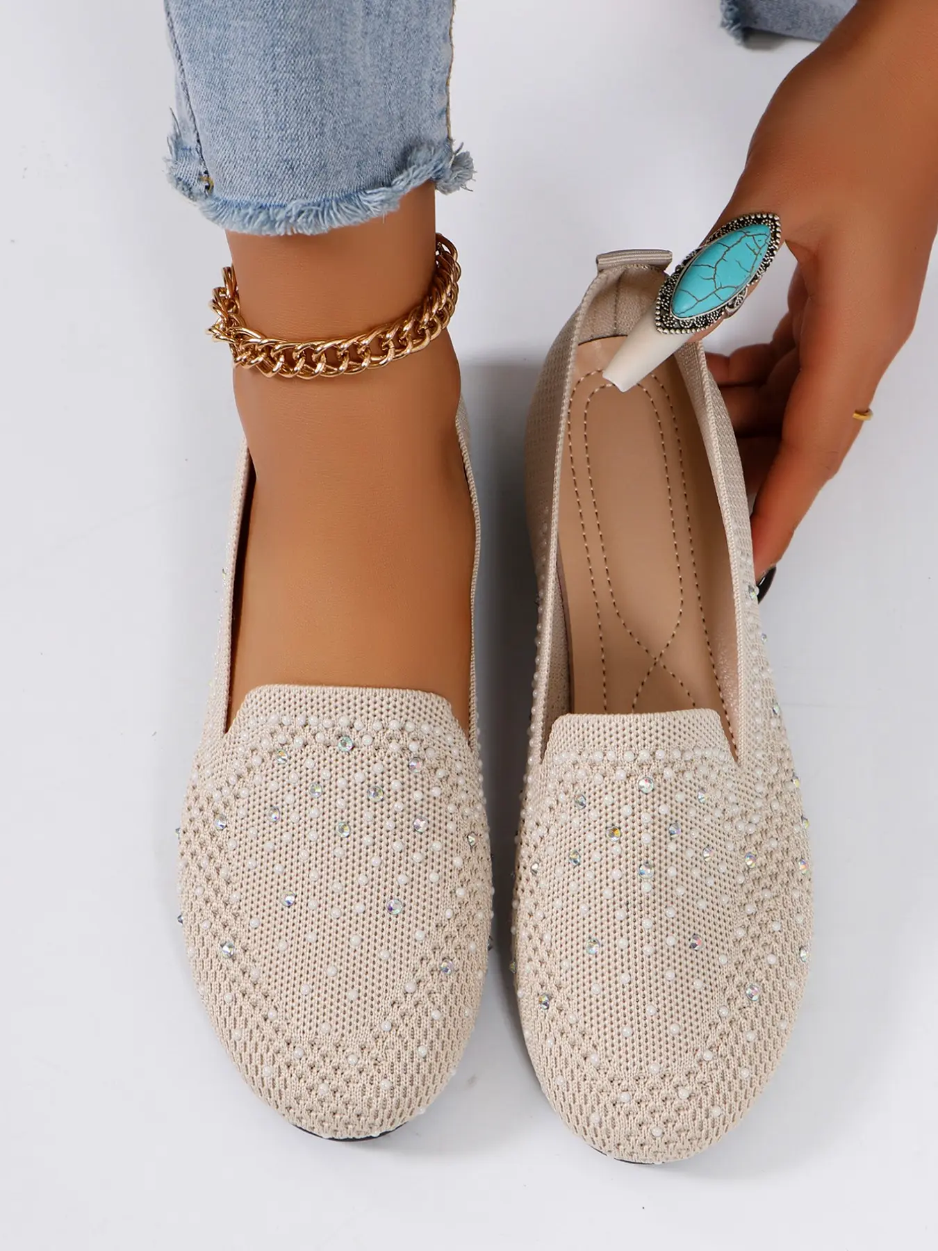 Women's Knitted Loafers with Rhinestone Decorations, Breathable Flyknit Upper, Round Toe Comfort Slip On Flats Shoes for Daily Wear & Casual Footwear
