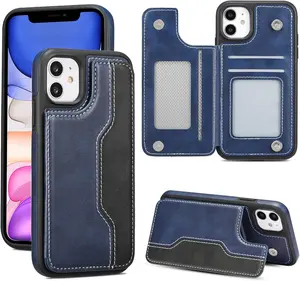 Phone Case for iPhone 11 Wallet Case with Card Holder Leather Phone Case Card Slots Kickstand Shockproof RFID Blocking Duble Magnetic Clasp Protective Cover for Women Men, Blue-Black