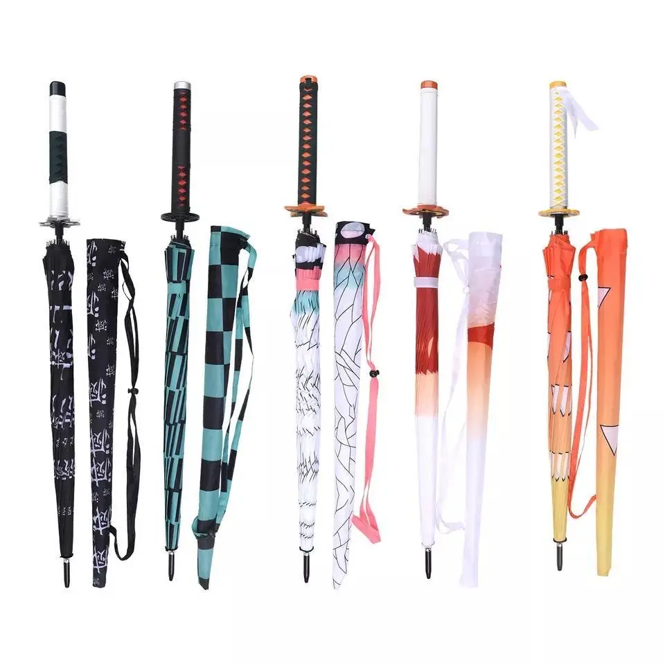 Anime Demon Slayer Samurai Sword Long Straight Umbrella 16 Metal Ribs Alloy Handle Detachable Waterproof UV Protection Cosplay Outdoor Decor Parasol