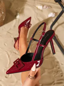 Women's Patent Leather Pointed Toe Slingback Stiletto Heels with Square Buckle Accent, Stylish High Heels for Party, Evening Events, Fashion Occasions & Daily Outings, Trendy Versatile Footwear for Women, Chic Sleek Shoes, Elegant Party Shoes