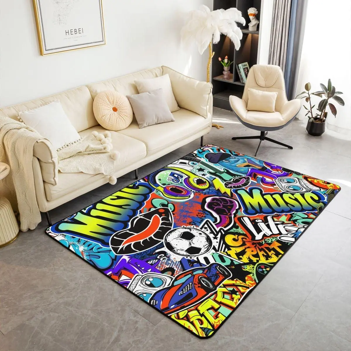 Kids Hippie Graffiti Style Living Room Rugs Area Rug Hip Hop Decor Decorative Carpet for Boys Girls Graffiti Graphic Indoor Floor Mat Street Culture Accent Rug Music Living Room Rugs