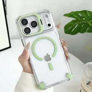 Magnetic Phone Case for iPhone 17 Pro Max 16 Pro Max 16 15 14 13, Metal Camera Lens Stand, Four Corner Airbag Shockproof, Anti-Drop Anti-Scratch Full Body Protective Cover, Smartphone Accessories