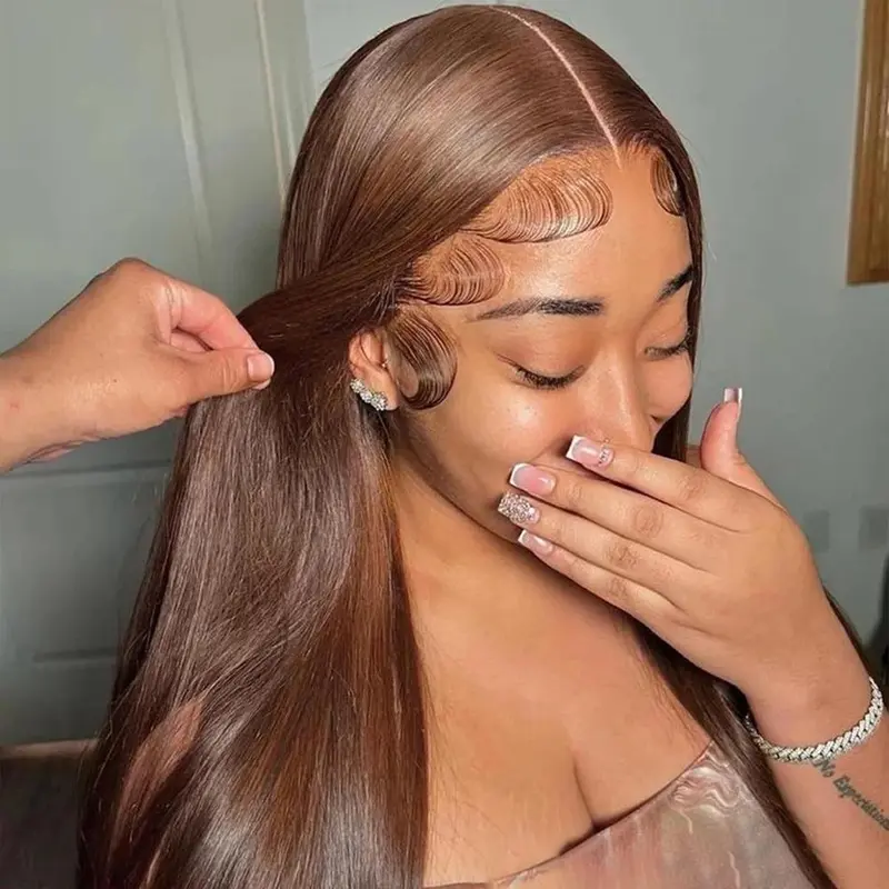 ITODAY 24-inch Chocolate Orange Brown 13x6 HD Real-Looking Lace Front Human Hair Wig, 180% Density Pre-Plucked with Baby Hairs, Natural Daily Wear Option