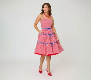 Unique Vintage Red Stripes w/ Blue Ribbon Swing Dress w/ Tiers