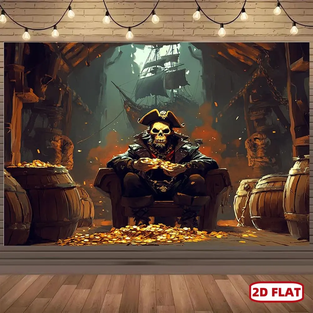 1pc 2D Flat Pirate Treasure Backdrop Banner - High-Quality Polyester Fabric, Vivid Pirate Ship & Golden Coins Design, No Electricity Needed for Halloween, Caribbean Theme Party Photo Backdrops