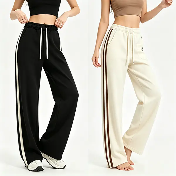 Women's High-Waisted Cropped Wide-Leg Sweatpants - Retro Side Stripe Athletic Trousers with Comfy Smooth Knit, Drawstring Waist, Pockets, Adjustable Elastic Fit, Pilling-Resistant, Wrinkle-Resistant, Chic