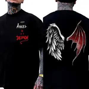 Angel Demon Wings Tee 100%25 Cotton Double-sided Printed Black Dark Street Style Unisex Loose Fit Y2K Vibe Casual Outfit