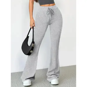 Women's High Waist Flare Leg Sports Tummy Control Leggings, Solid Color Drawstring High Stretch Yoga Leggings, Gym Clothes, Ladies Sportswear for Indoor Outdoor Wear, Gym Yoga Pants