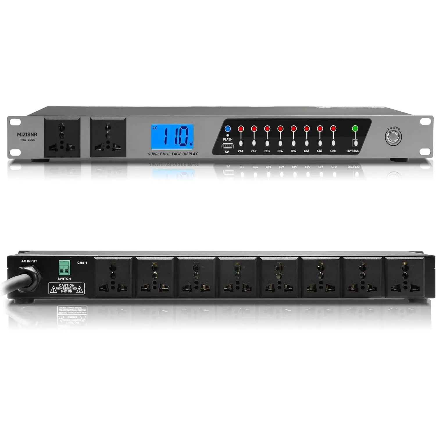 Mountable Rack Power Conditioner Surge Protector - 2000W/20A Capacity, 10 Outlets, 8 Independent Switches, 2P Surge Protection, Dry Contact Remote Switch, LCD Display Voltage Monitor, International Compatibility for Audio Equipment, Home Appliances, Plug-