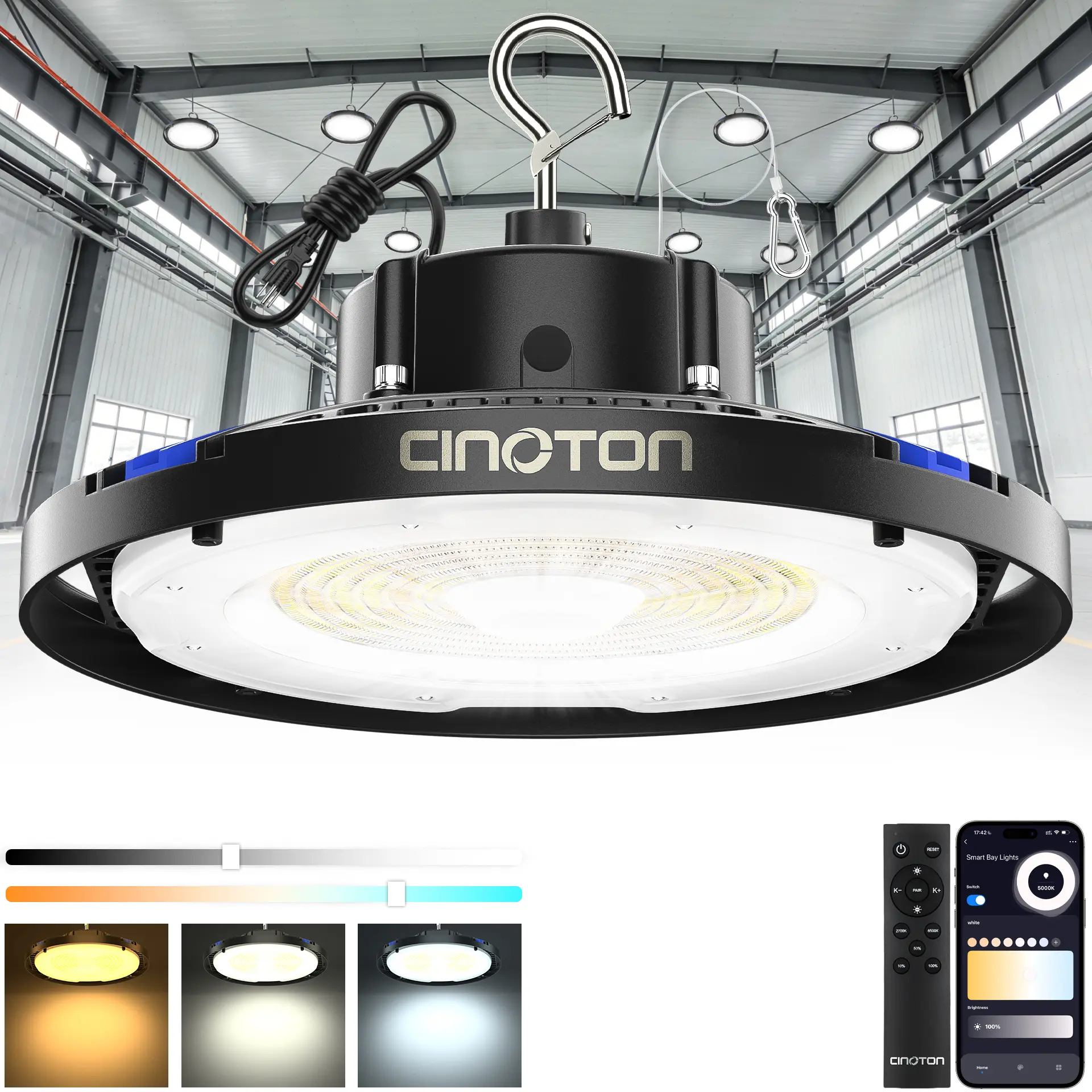 CINOTON Smart UFO High Bay Light - Polycarbonate & Aluminum, 29400LM 5000K Daylight, WiFi Remote/APP/Alexa Control, IP65 Waterproof Outdoor Commercial Lighting for Barn, Basement, Warehouse
