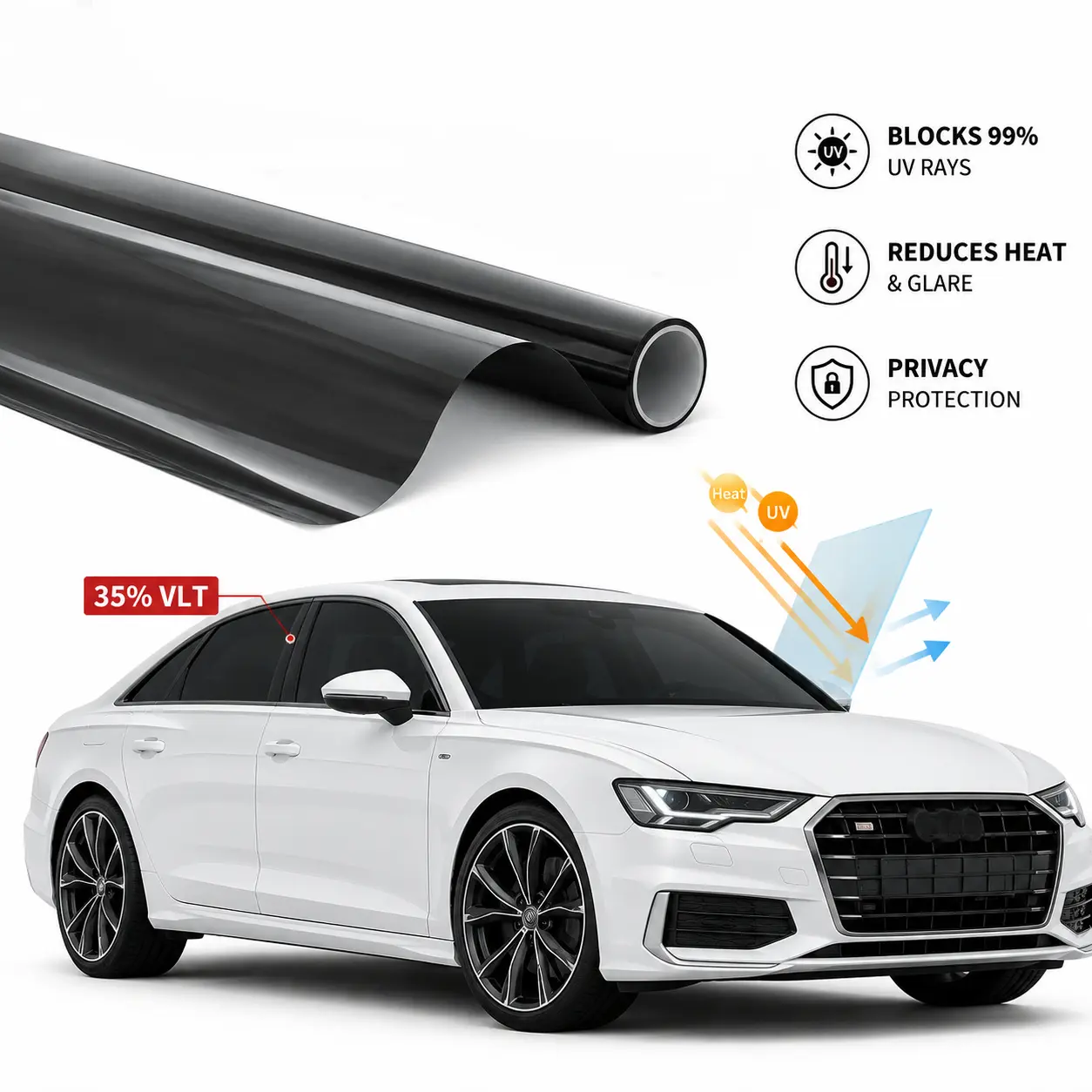 Ceramic Window Tint Film, 35% VLT - High UV Block, Heat Reduction, Privacy, Glare Reduction Side Roll for Auto Windshields & Windows