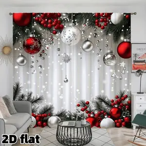 2D Flat 2Pcs Christmas Baubles Print Curtains Red Silver Holiday Theme Rod Pocket Design Semi Sheer Polyester Modern Festive Window Treatment for Living Room Bedroom Kitchen Home Decor Cover Privacy Protection Home Decoration Curtain
