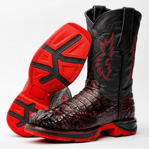 Black Cherry Caiman Neck Leather Boots With 3D Lightweight Sole - Composite Toe
