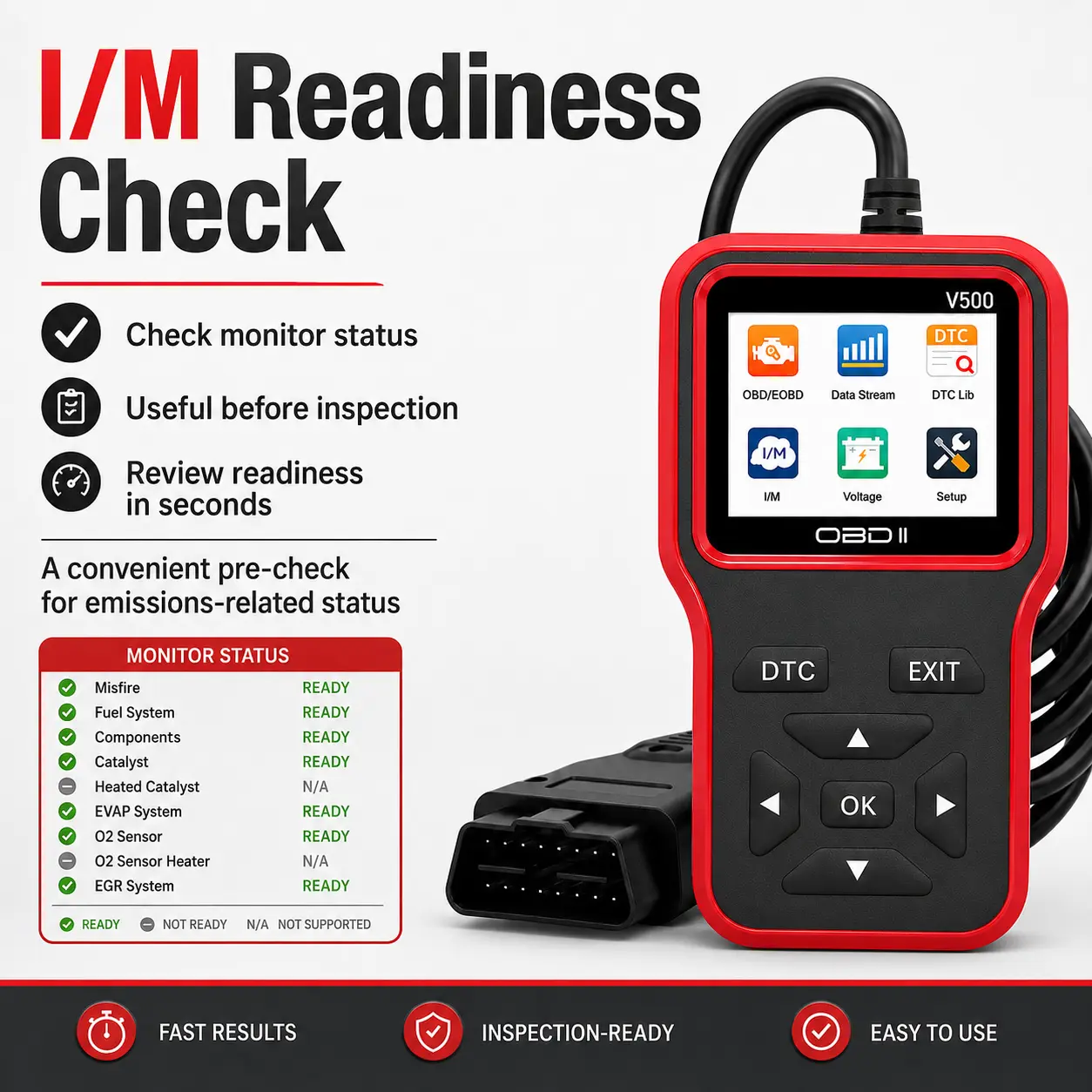 V500 OBD2 Scanner Code Reader, Car Engine Fault Diagnostic Tool with Live Data, DTC Lookup, I/M Readiness, Battery Voltage Check, Plug & Play OBDII Scan Tool for Vehicle Maintenance