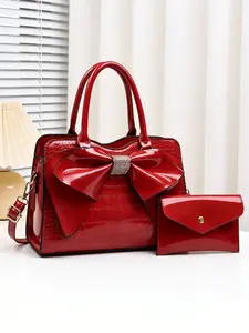 Elegant Bow Decorated Leatherette Women's Handbag, Crocodile Texture Ladies' Shoulder Bag Set, Detachable Strap, Zip Closure, All Seasons