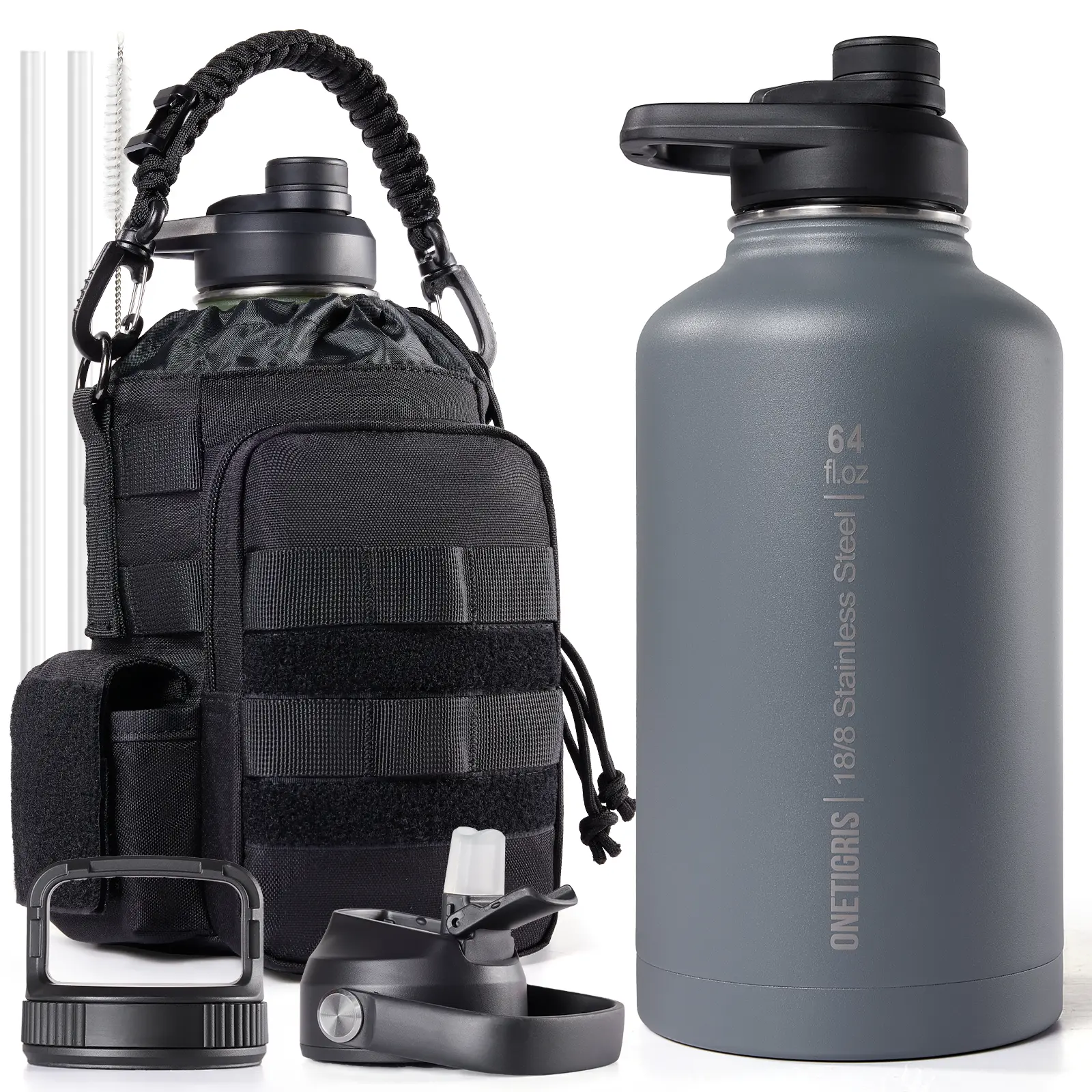 ONETIGRIS Tactical Half Gallon Water Bottle with Straw - 64 oz Vacuum Insulated Stainless Steel Water Jug, Leakproof Sport Bottle with 3 BPA Free Lids, Paracord Handle & MOLLE Water Pouch for Outdoor