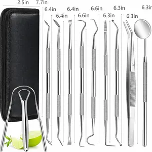 11 Pack Dental Tools Teeth Cleaning Tool Kit, Stainless Steel Tongue Scraper Tartar Plaque Remover Tooth Cleaner Dental Floss Picks Mouth Mirror, Professional Oral Care Hygiene Set with Case