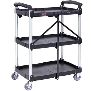 VEVOR Foldable Utility Service Cart, 3 Shelf 165LBS Heavy Duty Plastic Rolling Cart with Lockable Wheels, Ergonomic Handle, Portable Garage Tool Cart for Warehouse/Office/Home(25.62"x15.43"x32.76")
