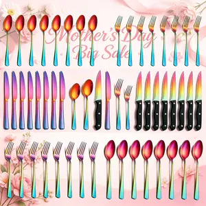 Sturdy Rainbow 48-Piece Modern Oval Shape Tableware Set for 8, Matte Stainless Steel Cutlery (Knives, Forks & Spoons), Dishwasher-Safe, Ideal Mother’s Day Gift for Home & Weddings