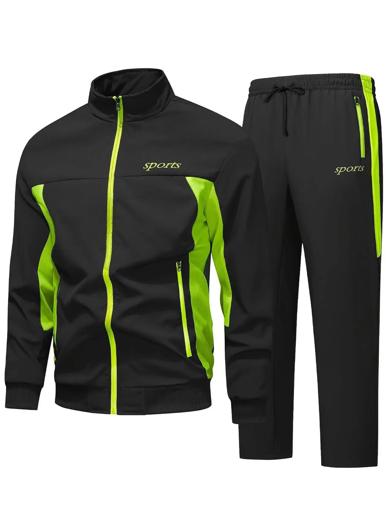 Men’s 2-Piece Coordinated Adjustable Sportswear Set - Zip Stand-Collar Long Sleeve Jacket, Drawstring Track Pants, Bold Design for Casual Fitness, Jogging Athleisure Outfit, Long Sleeve Shirt, Coordinated Men's Sportswear Set, Adjustable Men's Sportswear