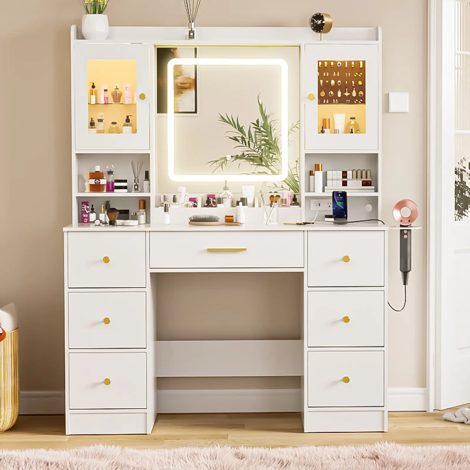White Makeup Vanity Desk with Mirror and Lights, Large Vanity Table Set with Charging Station, Dressing Table with RGB Cabinets, Makeup Vanity Mirror with Light Desk and Drawers, 3 LED Light Modes