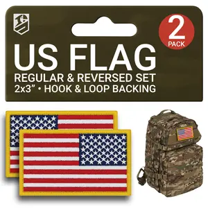 American Flag Patch Set 2Pcs Regular & Reversed US Flag Embroidered 2x3" Hook Loop Tactical Morale Patches for Military Gear