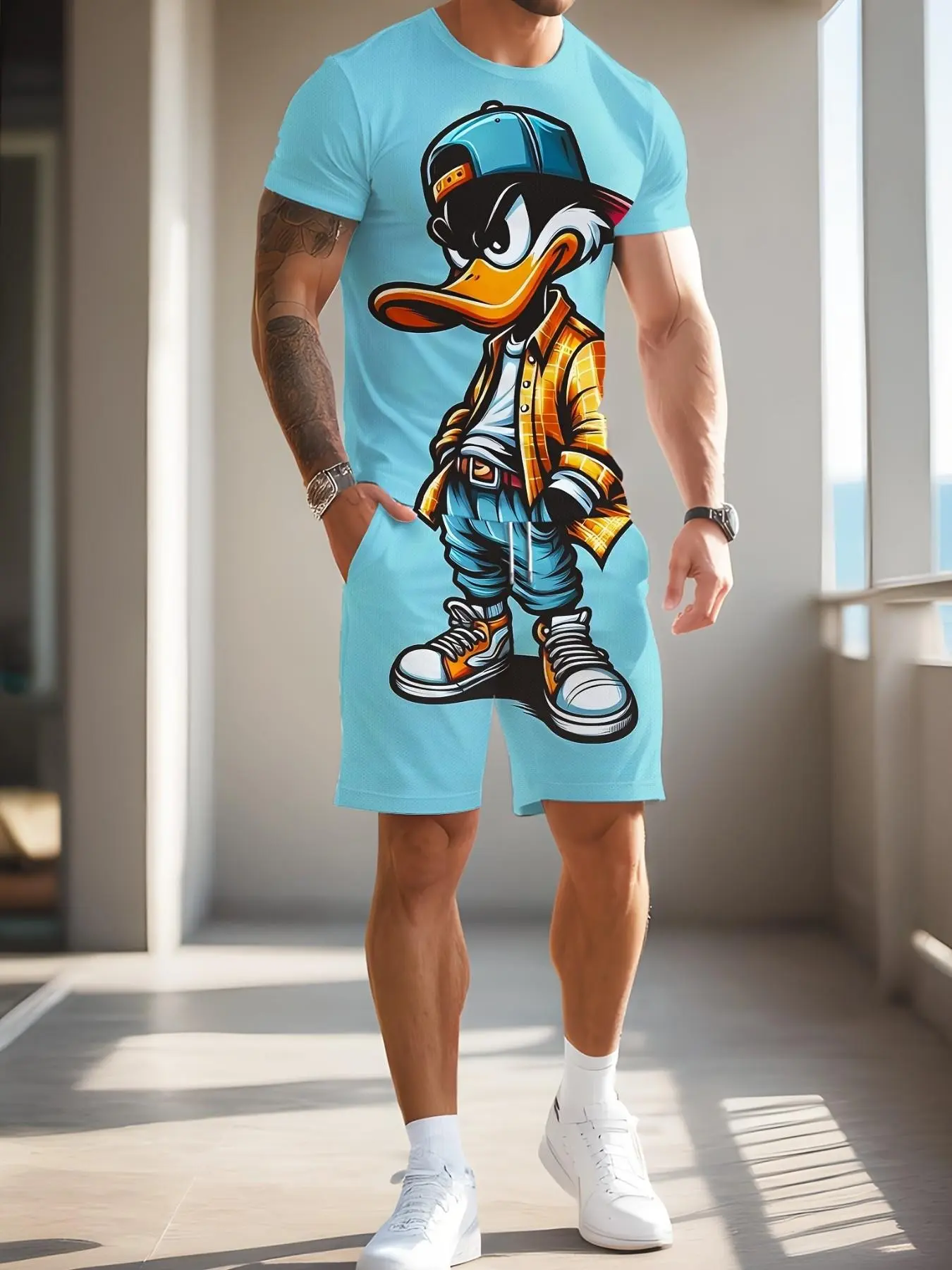 Men's Cartoon Print Short Sleeve Fitted T-Shirt and Knee-Length Shorts Set, Breathable Casual Sportswear for Outdoor Activities, Athleisure Summer Clothes, Casual Activewear Set, Activewear Shorts Sets