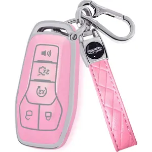 for Ford Key Fob Cover with Keychain, Soft TPU Key Fob Cover Case Shell Compatible with Ford Mustang Fusion F150 Explorer Edge Lincoln MKC MKX MKZ Smart Remote Holder (Pink, 5 Button)