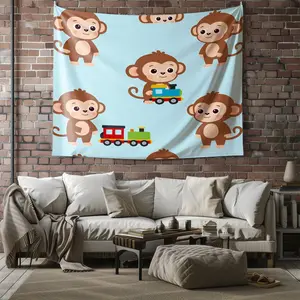 Cute Monkey Tapestry, Cartoon Monkey Train/Fruit Multiple Styles, Soft Breathable Easy to Clean, Suitable for Kids Room Bedroom Living Room, Ideal Gift for Children