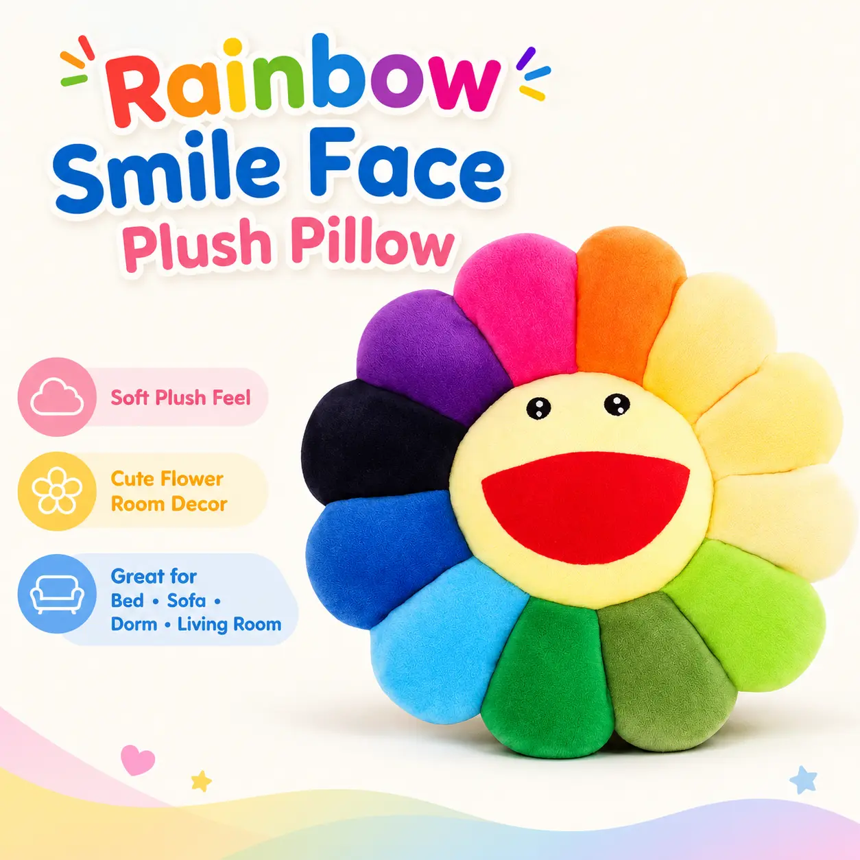 MIUVA Rainbow Smile Face Flower Plush Pillow, Soft Sunflower Plush Cushion for Sofa, Bed, Floor, Bedroom, Living Room and Home Decoration Fabric