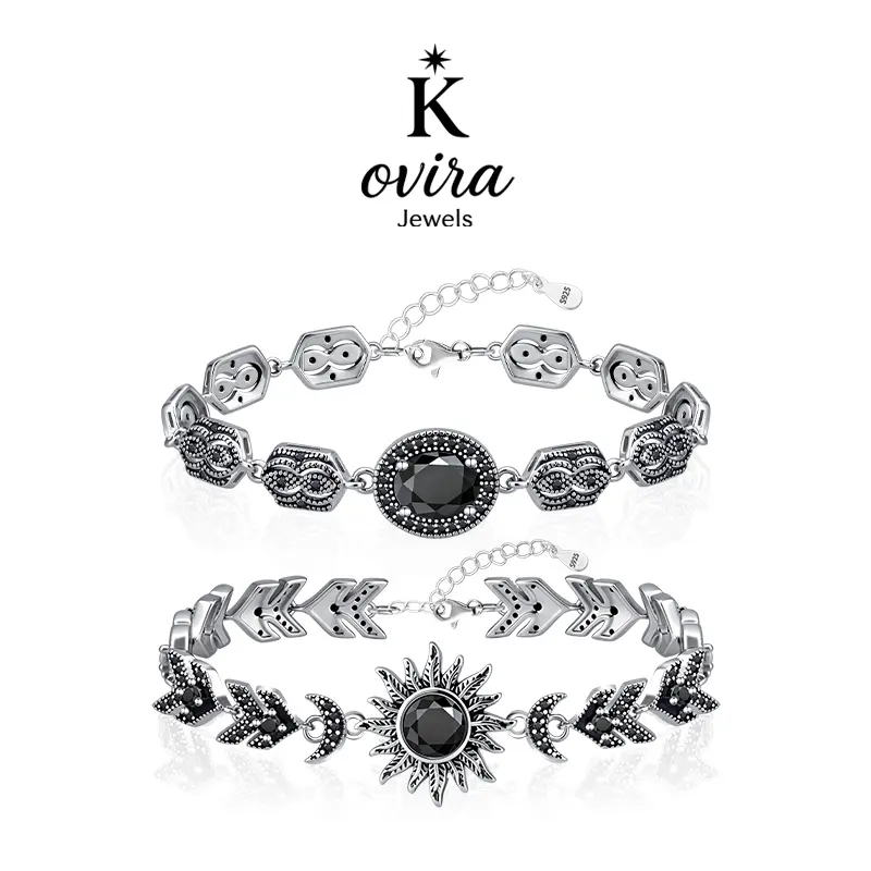 Kovira S925 Sterling Silver Vintage Black Obsidian Celestial Bracelets for Women, Dark Feminine Protection Gift, Boho Aesthetic Jewelry
