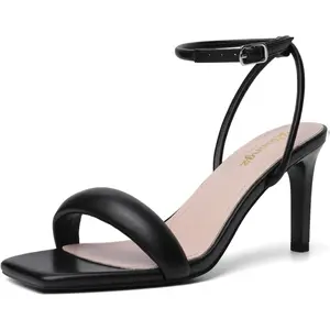 RIBONGZ Womens Sandals Dressy Gold Strappy Square Open Toe Chunky Heels Ankle Strap Kitten Sexy High Heels Prom Wedding Party Evening Summer Bridal Shoes