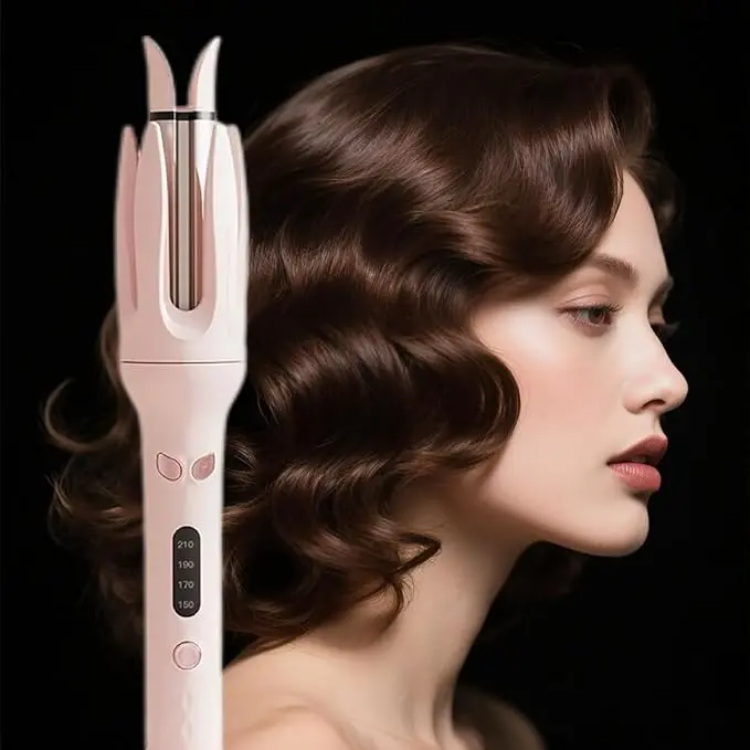 Automatic Curling Iron with 4 Temperature Levels Ceramic Rotating Wand Anti-Tangle for Smooth Curls Pink/Purple Travel-Friendly Design
