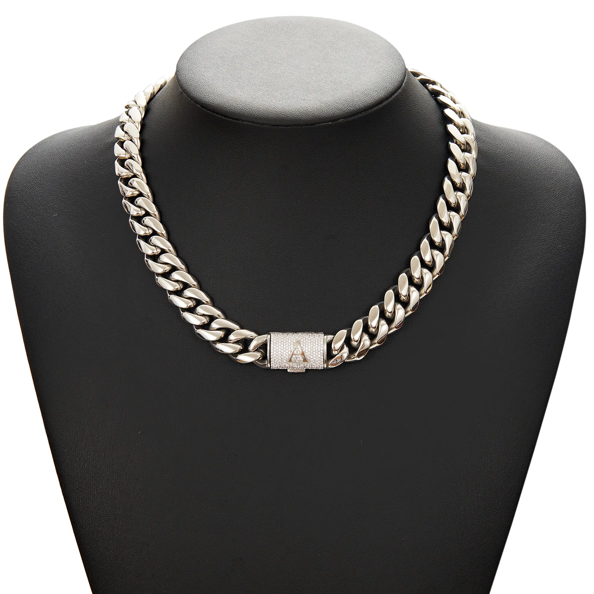 Punk Style Cuban link Chain Necklace Hip Hop Chain Stainless Steel Chain for Men 14mm Charm Necklace Letter A-Z
