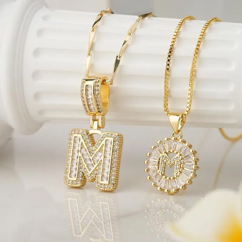 2-Piece Initial Necklace Set, Gold & Silver Tone Iced Out Bubble Chain with Cubic Zirconia Letter Pendants, Adjustable Costume Jewelry for Birthday Gifts, Women