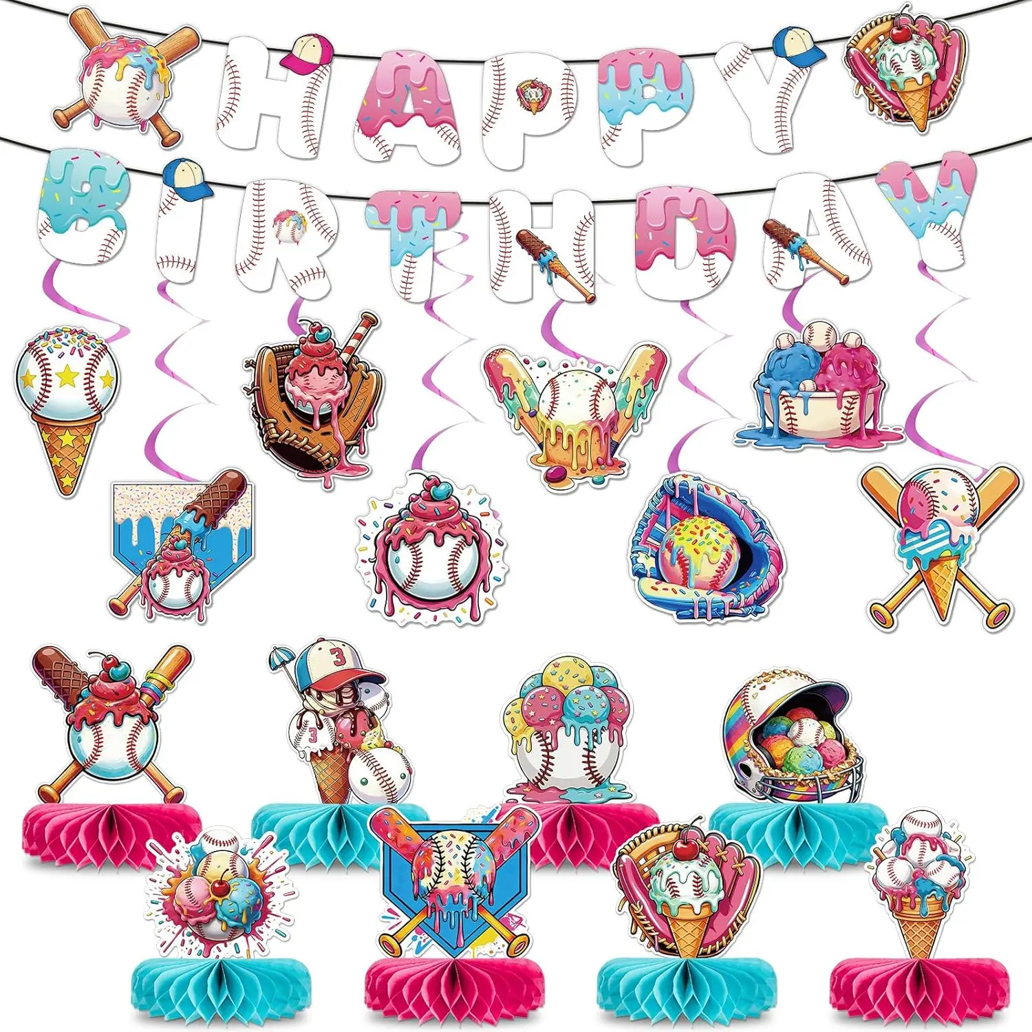 18Pcs Ice Cream Drip Baseball Birthday Party Decorations Baseball Ice Cream Drip Banners Hanging Swirls Honeycomb Centerpieces for Sports Lover Summer Birthday Baby Shower Game Day Party Supplies