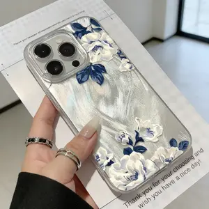 Vintage Blue & White Floral Oil Painting iPhone Case - Aesthetic Clear Protective Cover for 11 12 13 14 15 16 17 Pro Max