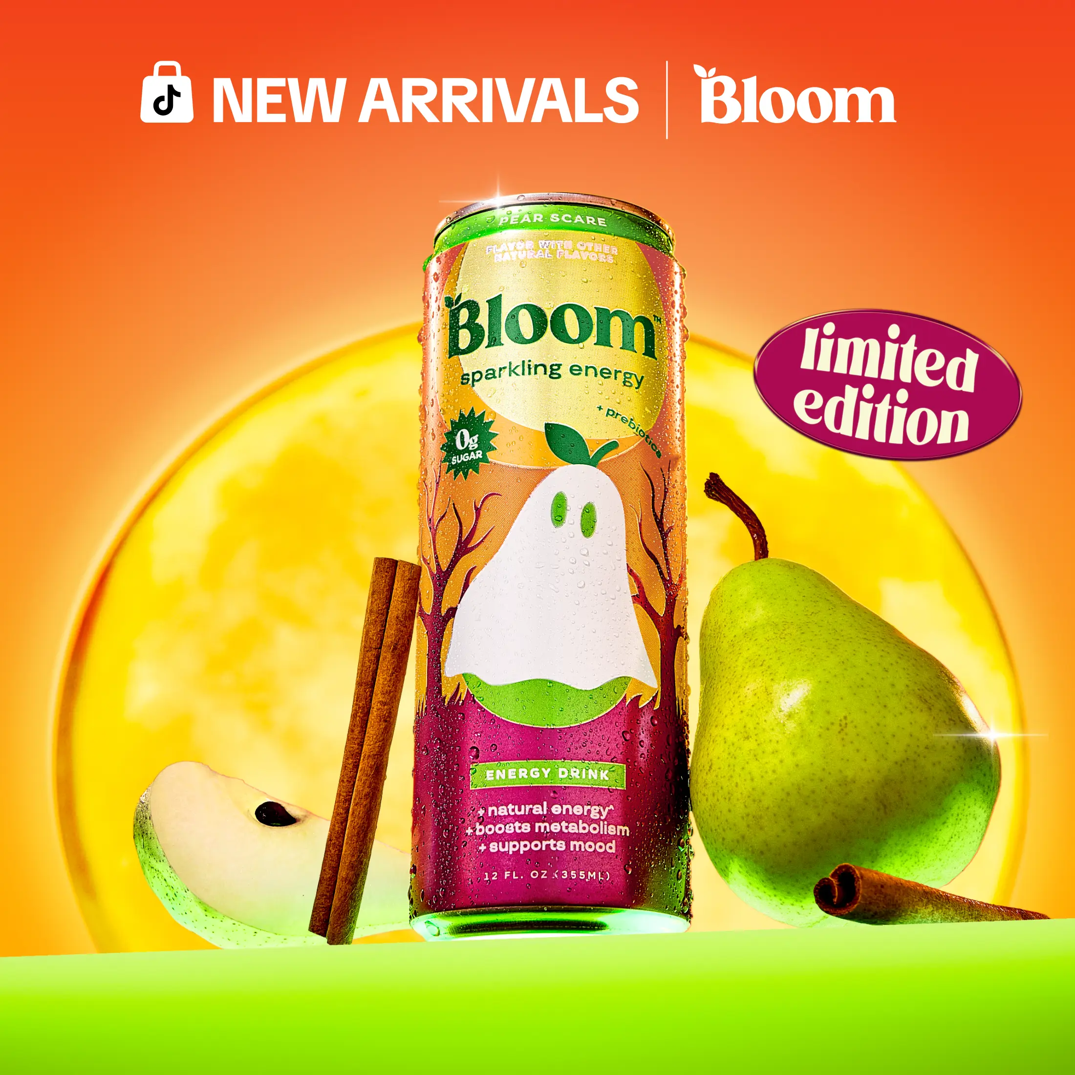 New! Pear Scare - Bloom Sparkling Energy Limited Time Flavor - Natural Caffeine, Zero Sugar, 180mg Caffeine - Antioxidant-Rich with Green Coffee Bean, Green Tea Extract, Prebiotics, 12oz  1 PK, 12 Cans