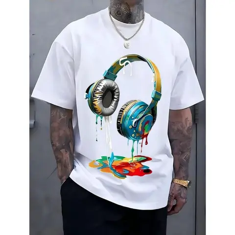 Men's Navy Blue Graphic Tee with Vibrant Headphone Print - 180g Thick Cotton, Casual & Trendy, Short Sleeve Crew Neck T-Shirt, Machine Washable for Summer Fashion, Street Fashion Tee |   Graphic Print Shirt |   Durable Casualwear